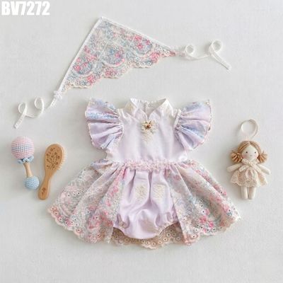 Body Váy Bé Gái Tím Lavender Ren Thêu Hoa Phối Khăn Buộc Đầu MINTSCLOSET BV7272