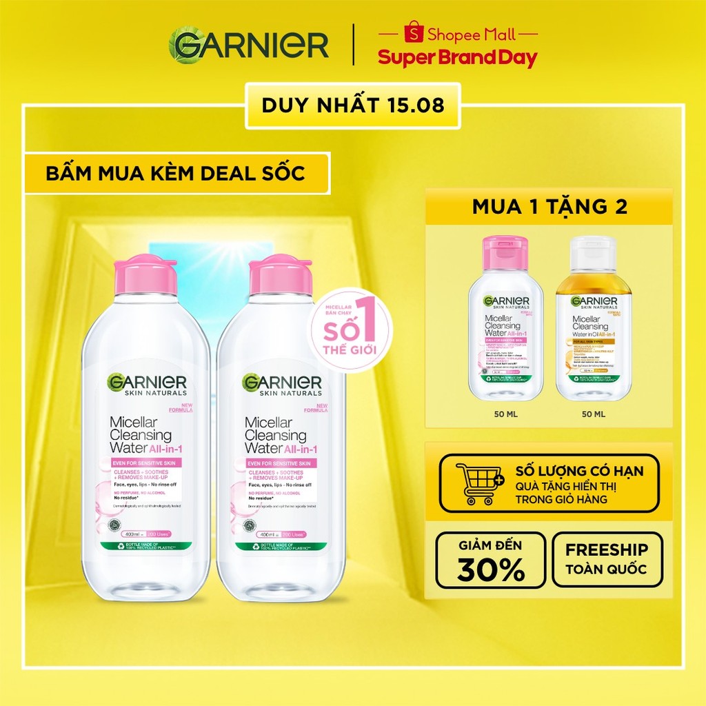 Bộ 2 nước làm sạch và tẩy trang cho da nhạy cảm (nắp hồng) Garnier 400ml x 2