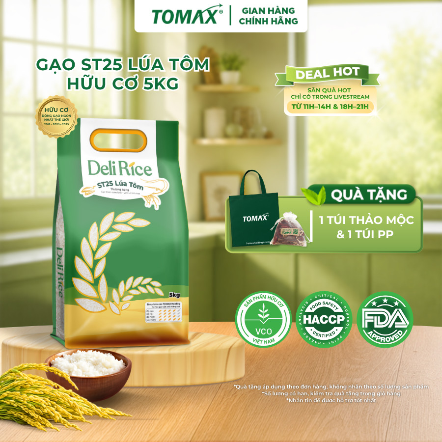 Gạo ST25 Lúa Tôm Hữu Cơ Deli Rice Túi 5kg – Dẻo Ngon Tự Nhiên, Thơm Ngọt Đậm Vị, Không Pha Trộn