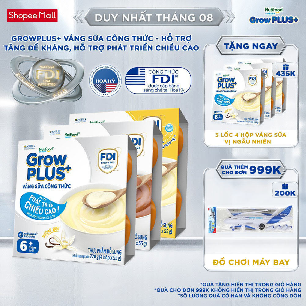 Combo mix 3 lốc GrowPLUS+ Váng sữa Sữa non Immunel Hỗ trợ tăng đề kháng& Cao lớn vượt trội (55g x12 