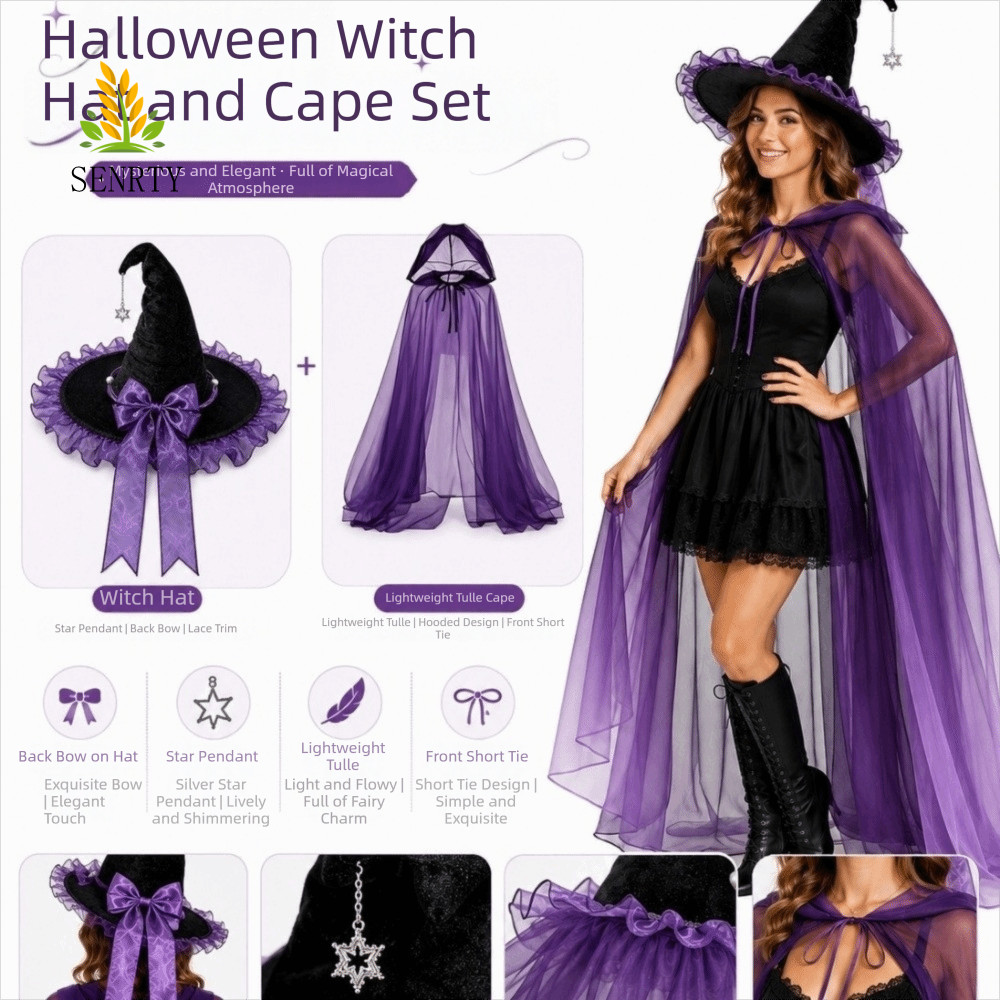 SENRTY Halloween Mũ Phù Thủy Bộ Áo Khoác, Nhập Vai Satin Nơ Mũ Phù Thủy Có Mũ Trùm Đầu Áo Khoác, Đạo