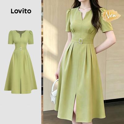 (New Arrival) Lovito Đầm thanh lịch xếp ly thắt lưng có khóa kéo mùa xuân/hè màu ngọc lam cho nữ L199ED588