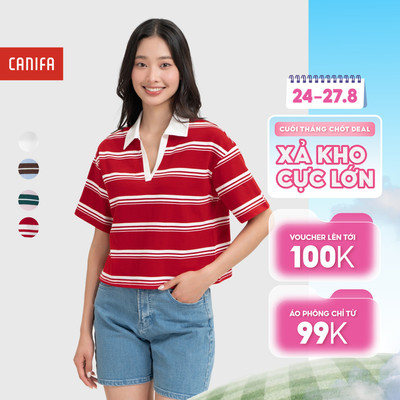 Áo Polo nữ cổ V cộc tay dáng suông phối kẻ màu phong cách trẻ trung CANIFA 6TP26S002