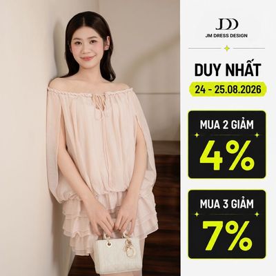 Set Áo Kiểu Trễ Vai Giật Bom 2T40.2605, Chân Váy A Nhún Tầng 4S13.2605. Set Đồ Tiểu Thư Trễ Vai Chân Váy Xòe Tầng By JM