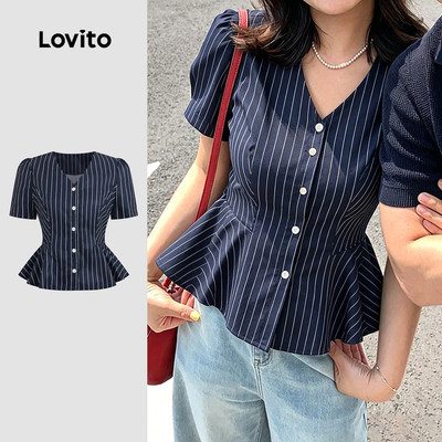 (New Arrival) Lovito Áo sơ mi nữ màu xanh đậm kiểu dáng casual tay ngắn mùa xuân/hè L195AD009