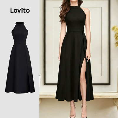 Lovito Đầm thanh lịch xẻ trước mùa xuân/hè màu đen cho nữ L172ED773