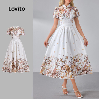 Lovito Đầm Midi Dáng Chữ a Xòe Tay Phồng Ngắn Cổ Bẻ Eo Cao Họa Tiết Hoa Hàn Quốc Thanh Lịch Thích Hợp Mặc Hàng Ngày Vào Mùa Xuân/hè Cho Nữ LR13L009