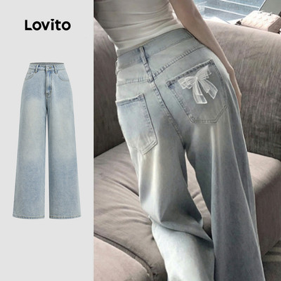 Quần jean nữ Lovito xanh dương nhạt xuân hè wash nơ lưng túi phong cách thường ngày L178ED611