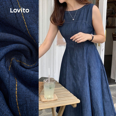 Đầm Lovito thanh lịch phong cách mài thô mùa xuân/hè màu xanh dương đậm cho nữ L164ED376