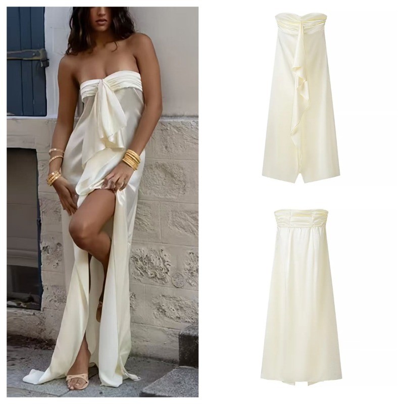 ZA Apricot Tube Top Silk Satin Slit Dress