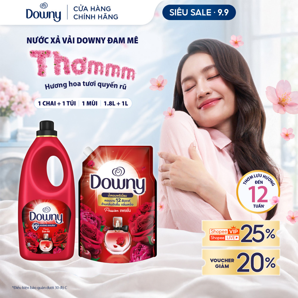 [LIVE] Combo Nước xả vải Downy Đam mê  1.8L (Dạng chai) & Nước xả Downy Túi 1L Đam Mê