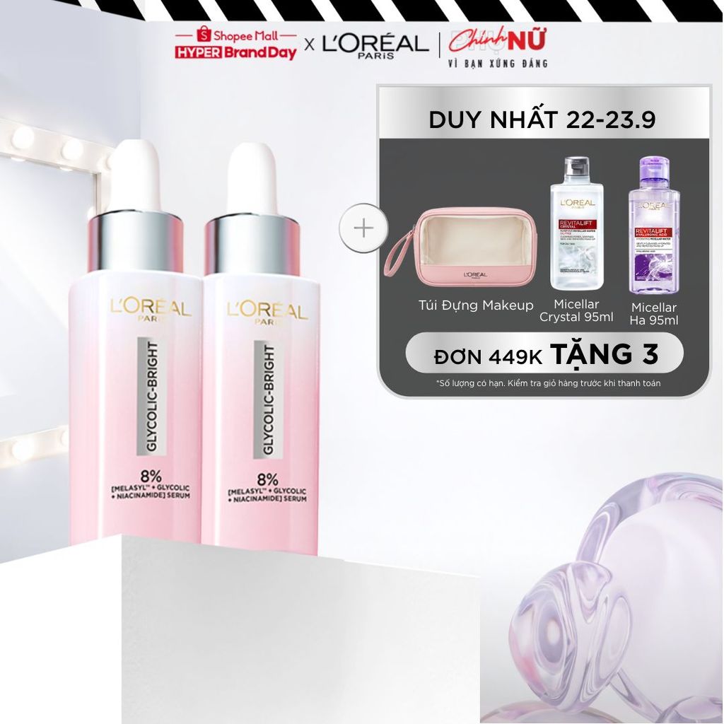 Bộ 2 Serum Glycolic Melasyl 8% [Melasyl+Glycolic+Niacinamide] dưỡng sáng da, mờ thâm mụn & nám Loreal Paris (30ml x2)