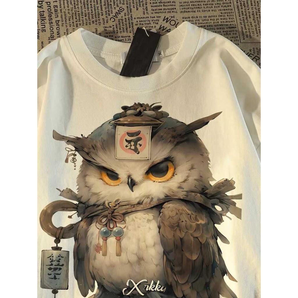 COD (Giao hàng trong 24 giờ)MIEMIE. Áo thun short tay mùa hè cho nam in hình chim cú cổ điển Mỹ 100% bông