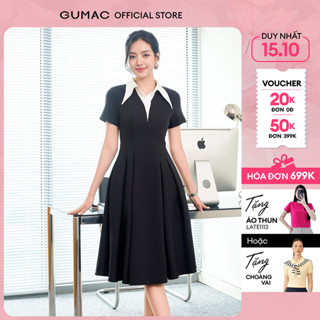 Đầm nữ form A xòe xếp ly phối cổ trắng lá cổ dài có túi sườn hai bên thời trang GUMAC DF07043