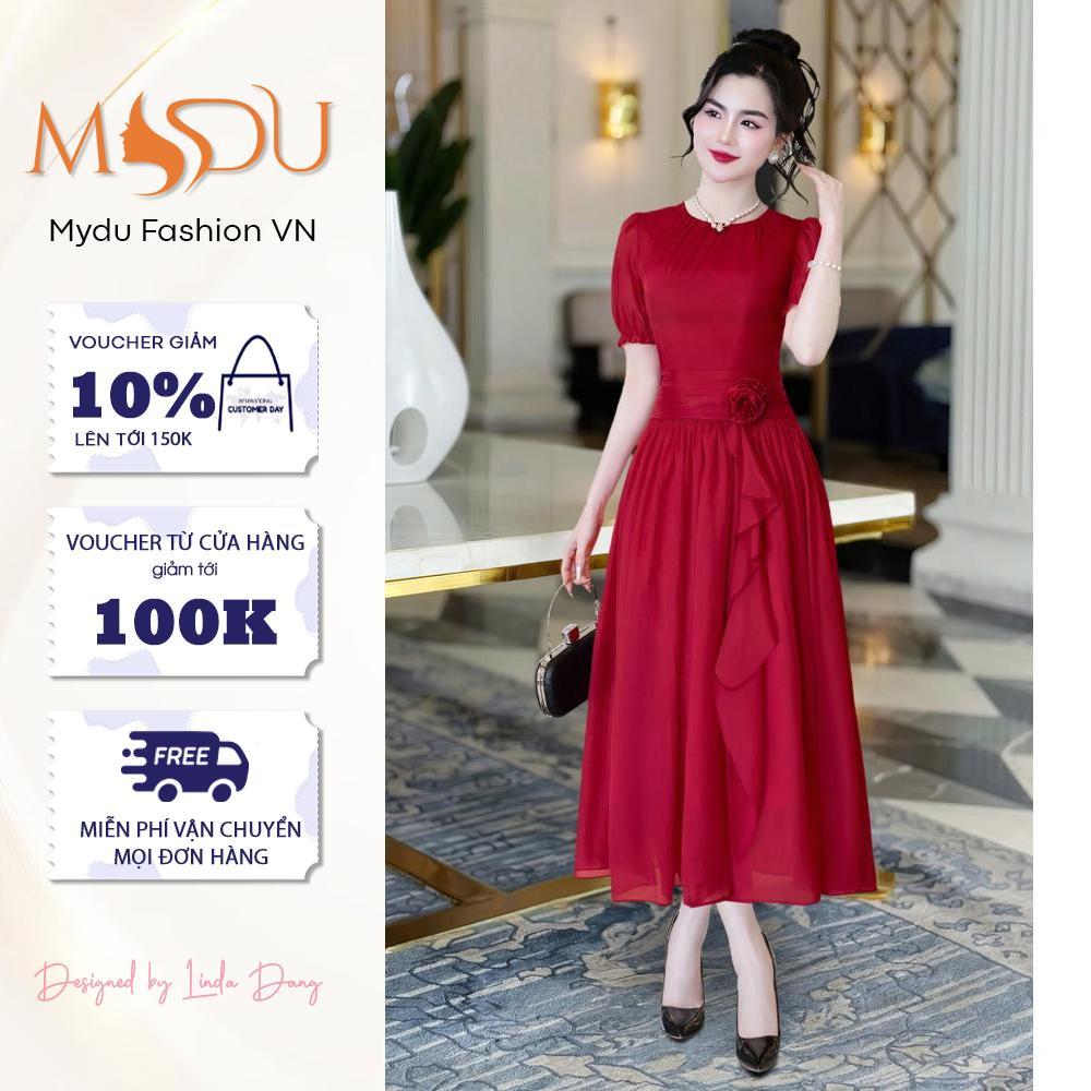 Váy Thiết Kế Đầm Tơ Óng Tay Bồng Thắt Nơ Thanh Lịch MDU4742
