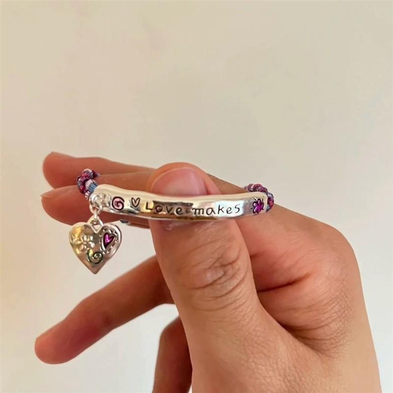 Love Let the World Run Love Heart Elastic Bracelet Girl Ins Niche Design Vòng tay đính cườm đơn giản