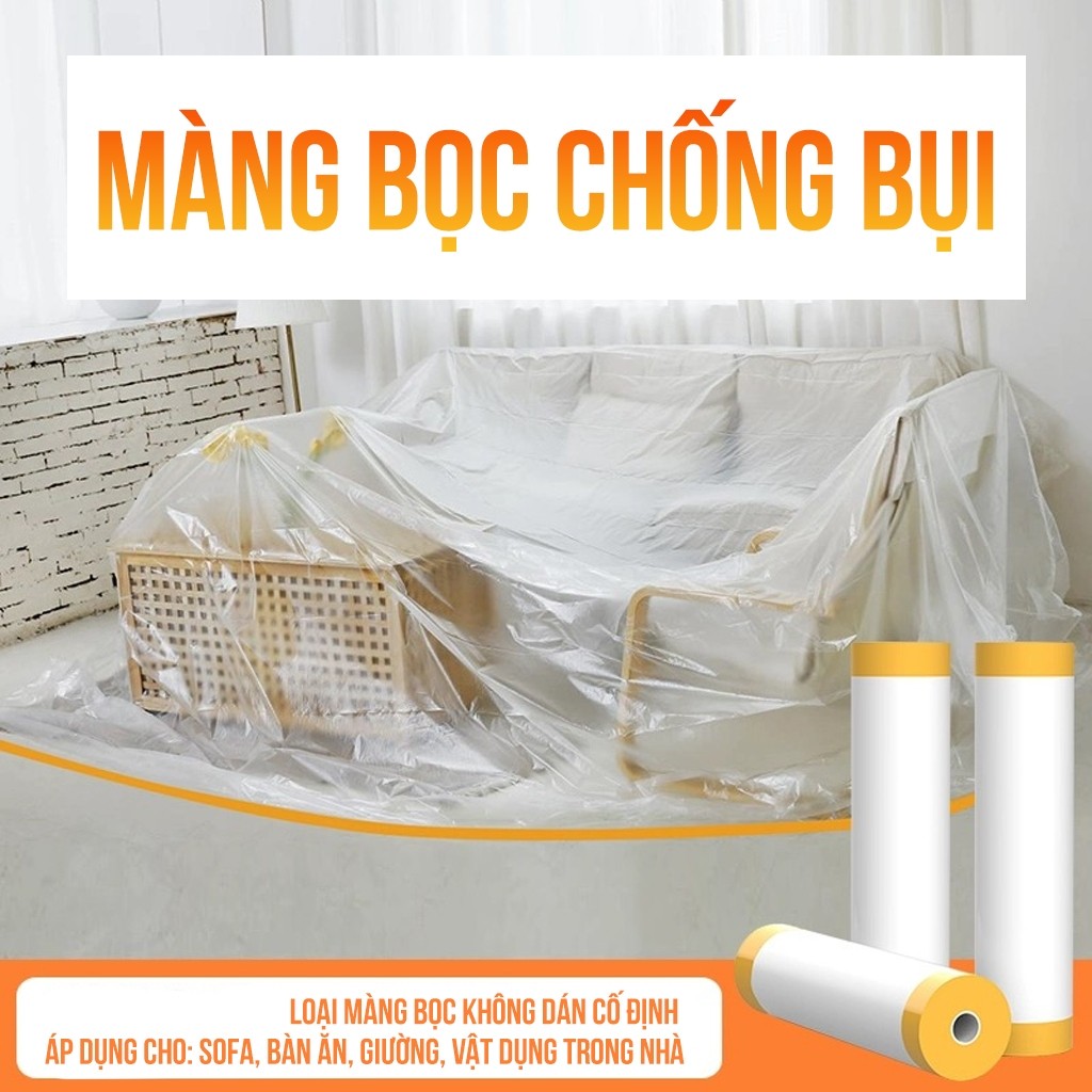 Màng bọc nilon che bụi đa năng, che phủ, ngăn bụi, bảo vệ nội thất, che sơn, bọc hàng, băng keo màng