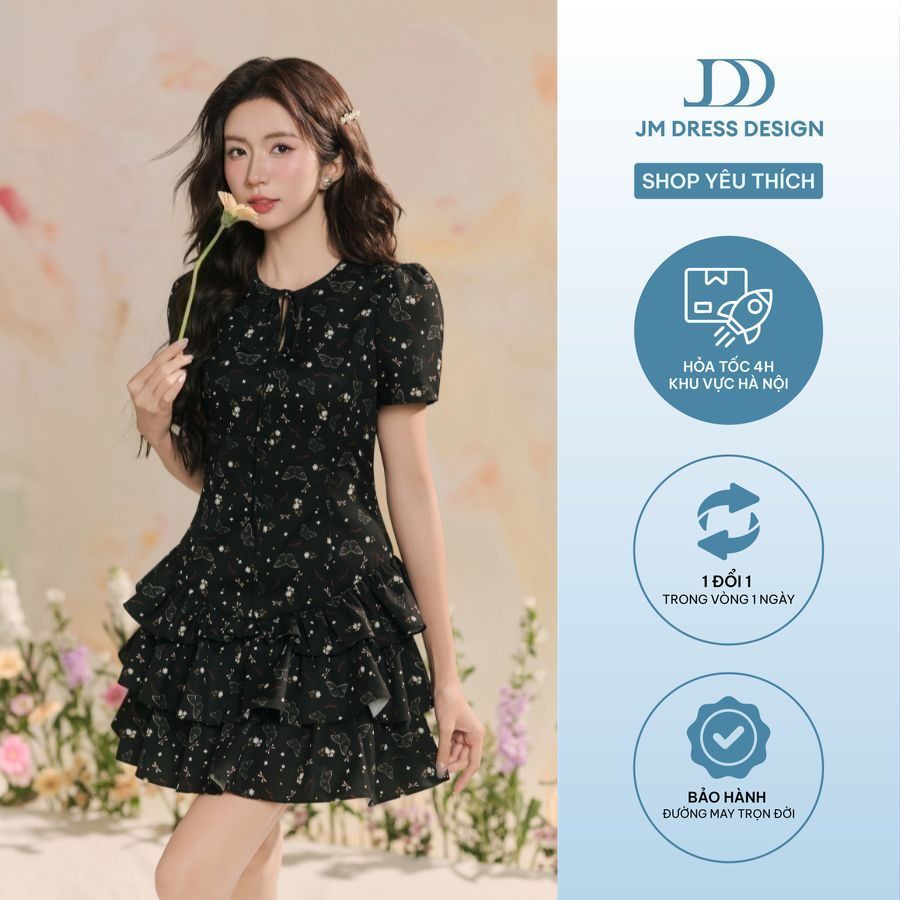Đầm cổ tròn nhún tầng chân 1R12.2503K, váy đầm tay bồng dáng a xòe tầng tiểu thư nữ tính thiết kế bở