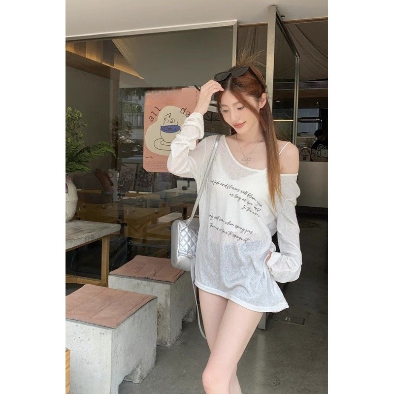Bộ đồ hai mảnh Kem chống nắng mùa hè Top dáng rộng phong cách mỏng lười biếng Áo thun dài tay Hot Gi