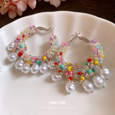Bông tai vòng tròn màu Pinkdudu Dopamine đính cườm lớn - Bông tai Dangle sang trọng nhẹ dành cho nữ PD709