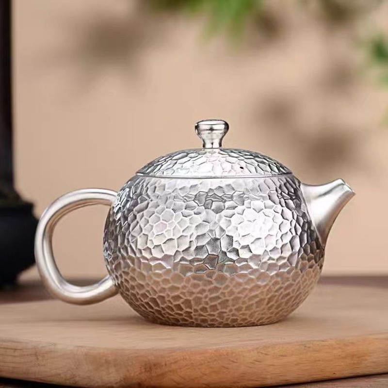 Ấm Siêu Tốc Bạc Bạc 999 Ấm Trà Nguyên Chất Handmade Họa Tiết Búa Nhỏ Ấm Trà Xishi Bạc Ấm Siêu Tốc Hộ