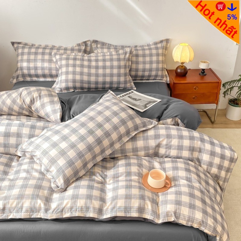 VN-2 Store Ga trải giường Bộ 4 mảnh Trái tim kẻ sọc (8 màu) Kẻ sọc xám vải lanh