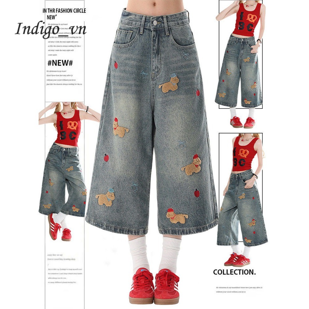 【Indigo】 Quần Bò Chó Con Thêu Hoạt Hình Cổ Điển Quần Ống Rộng Nữ