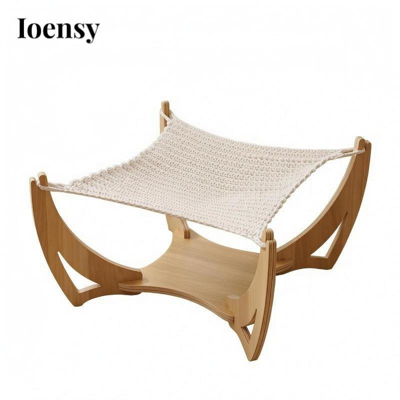 Ioensy Dệt Mèo Võng Giường Lớn Lên Mèo Gỗ Võng Khung Gỗ Thú Cưng Nghỉ ngơi Nội Thất