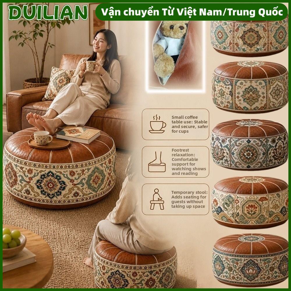 DUILIAN Foottool Cover, Có Thể Gập Lại Da PU Ottoman Pouf, Hình Tròn Boho Họa Tiết Lưu Trữ Ottoman P