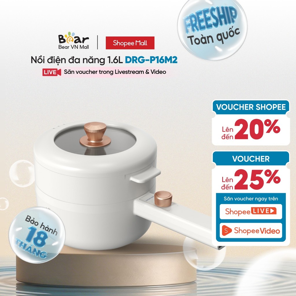 [Livestream] Nồi điện đa năng 1.6L Bear DRG-P16M2/ DRG-E15P2/DRG-F30H (kèm khay hấp) - Chính hãng - 