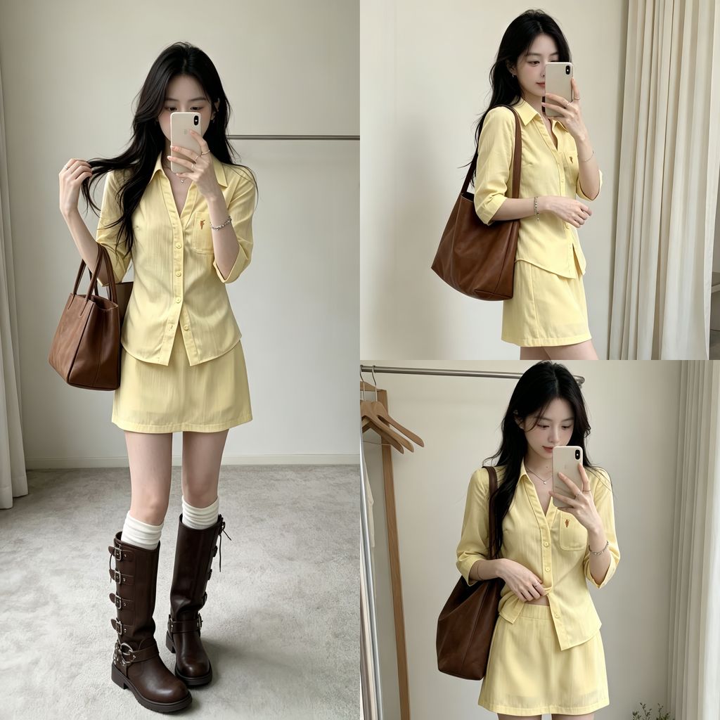 Bộ Áo Sơ Mi Nữ Tay Ba Phần Tư + Váy Ngắn Slim Fit Màu Vàng Mềm Mại Và Thoải Mái Vải-A2941 / A2942