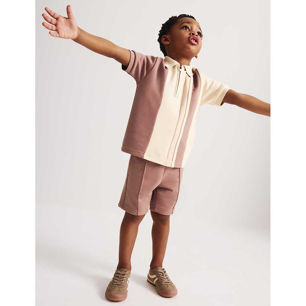M&S - 2pc Cotton Blend Pique Colour Block Polo Outfit  - MOCHA