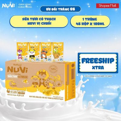 Thùng 48 Hộp NuVi Thức Uống Sữa Tươi Tiệt Trùng Vị Chuối Có Thạch 100 ml