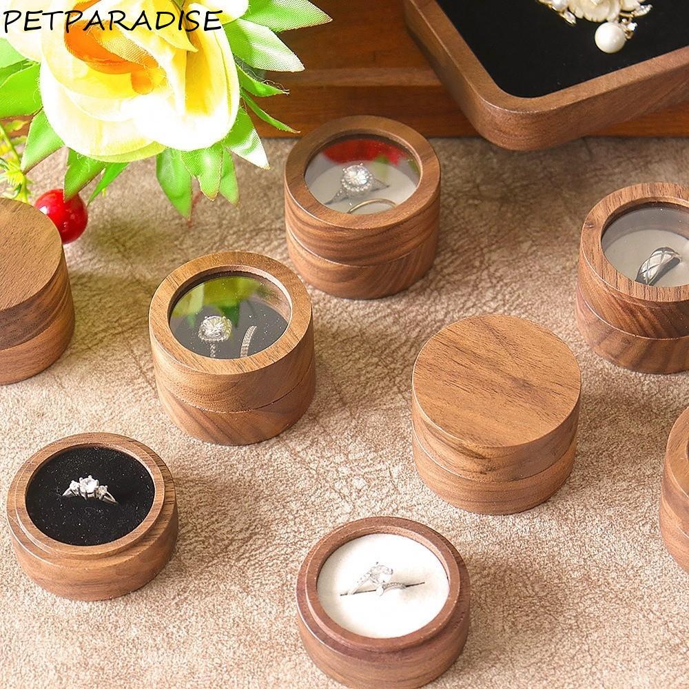 Hộp đựng nhẫn gỗ óc chó PETPARADISE, Hộp đựng nhẫn tròn 1 / 2 khe, Hộp đựng nhẫn chống va chạm lưu t