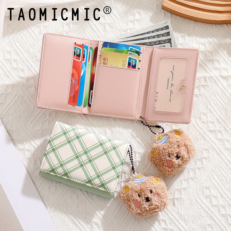 TAOMICMIC Nữ Ví Ngắn Kẻ Sọc Ba Lần Ví Có Mặt Dây Chuyền Gấu Dễ Thương Nhiều Thẻ Holderc 9546