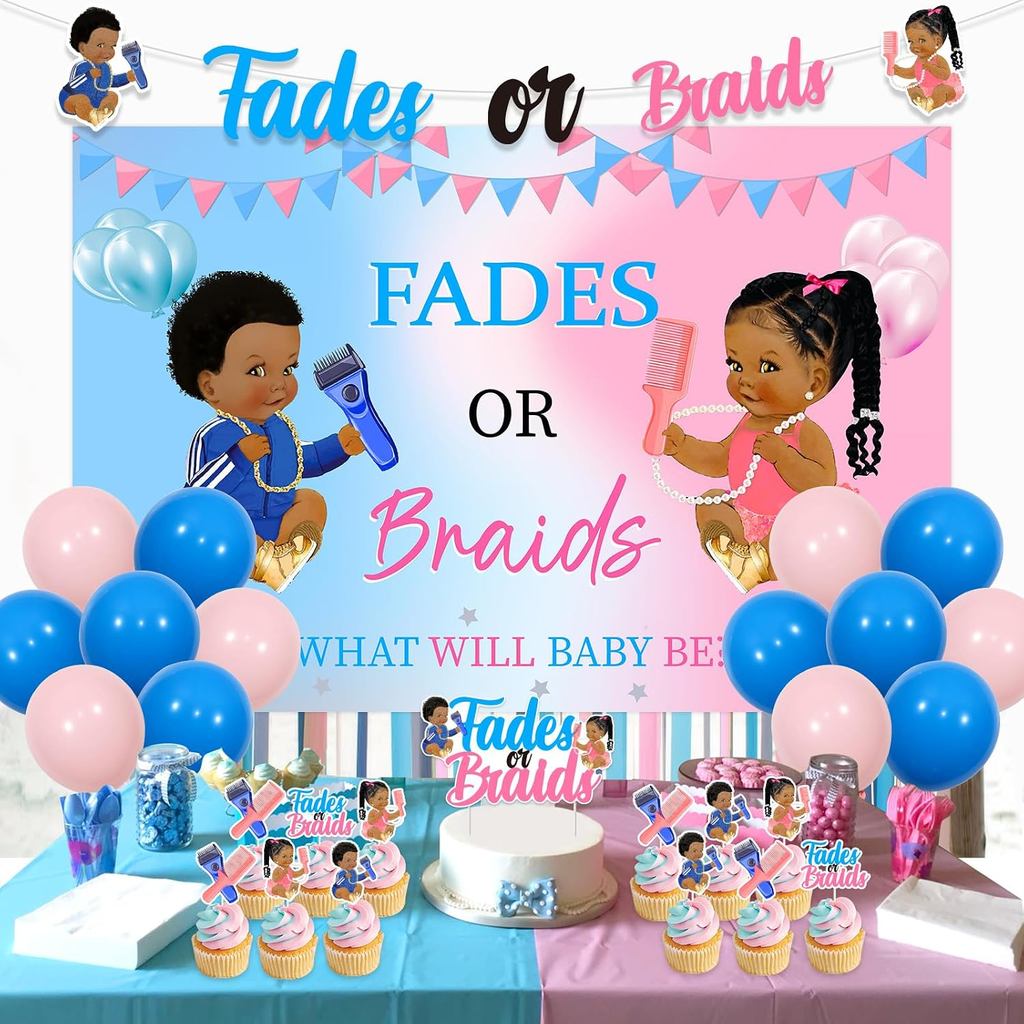 Fades hoặc Braids Trang trí tiết lộ giới tính - Fades hoặc Braids What Will Baby Be Backdrop, Banner