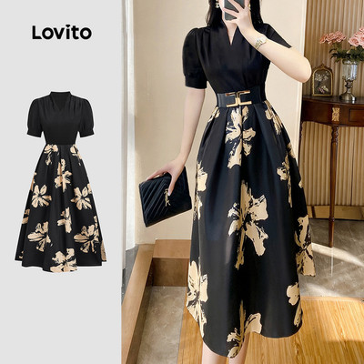 Đầm Lovito thanh lịch mùa xuân/hè màu đen cho nữ LBL33160