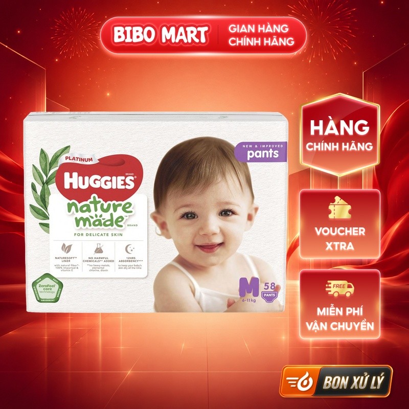[MALL] Bỉm Tã quần Huggies Nature Made size M 58 miếng (6-11kg) - BM003.1