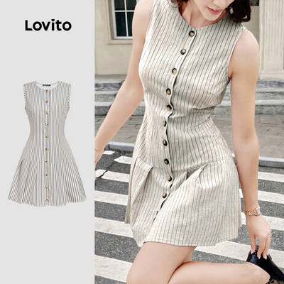 Lovito Phong cách thường ngày Đầm xếp ly có nút trước mùa xuân/hè màu kaki cho nữ L172ED1667