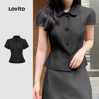 (thanh lịch) Lovito Áo sơ mi nữ cổ điển và đa năng chất liệu nút phù hợp cho mùa xuân/hè áo sơ mi đen L144AD215