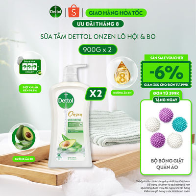 Combo 2 sữa tắm Dettol onzen kháng khuẩn dưỡng ẩm lô hội & bơ, Chai 900g