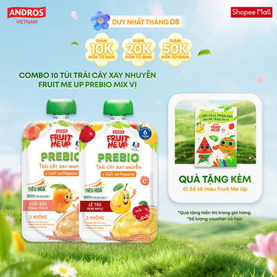 Combo 10 Túi Trái Cây Xay Nhuyễn PREBIO - Bữa Phụ Nhuyễn Mịn - ANDROS FRUIT ME UP - 80g x 10