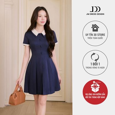 Đầm Xuân Hè Cổ Đức 2 Lớp, Chân Xếp Ly Chụm 1S24.2604, Đầm Mini Hàng Cúc Giữa Thân Phong Cách Hiện Đại Nữ Tính By JM