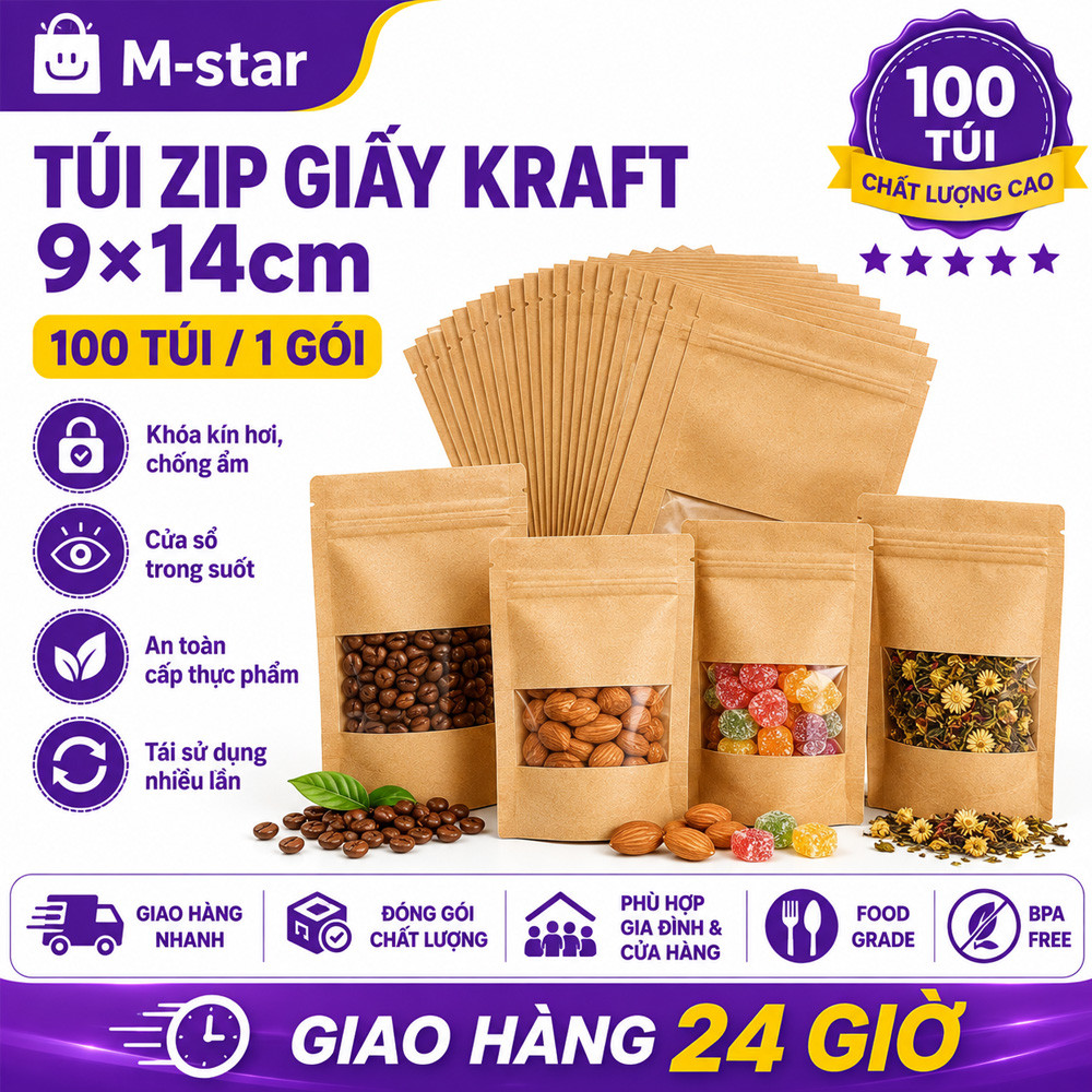 100 Túi zip 9*14cm giấy kraft đựng thực phẩm 1kg Túi zip giấy kraft có cửa sổ đáy đứng