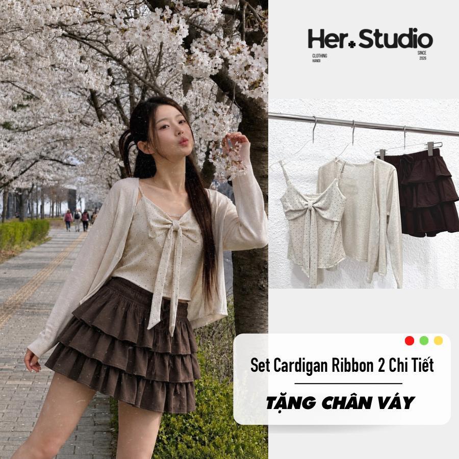 HER.STUDIO - Set Đồ Nữ 3 Món Áo Nơ Chấm Bi + Cardigan Mỏng + Chân Váy 3 Tầng Nâu – Phong Cách Hàn Qu