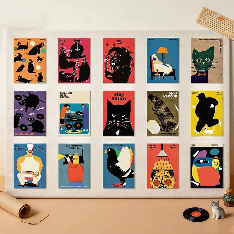 Funny Cat Pop Art Canvas Poster Retro Whimsical Animal Illustration Wall Art Colorful Abstract Graph