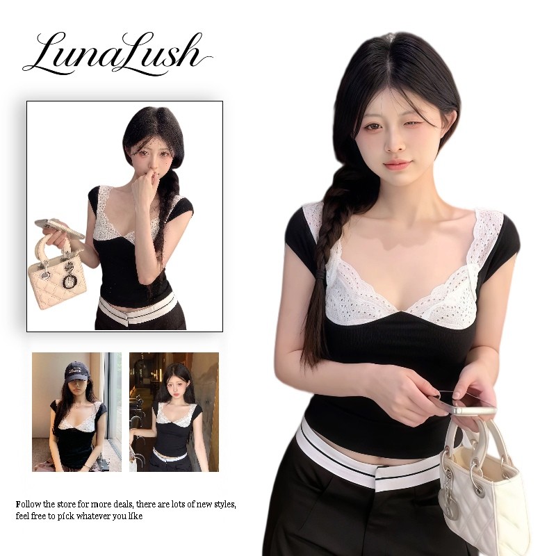 LunaLush Nữ Crop Top Cổ Vuông Ren Viền Slim Fit Phong Cách Hàn Quốc-A2461