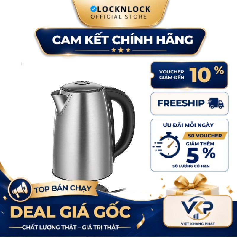 Ấm đun siêu tốc LocknLock 1.7L 2200W tùy chọn nhiệt độ sôi, giữ ấm pha sữa EJK136SLV - Chính Hãng SH