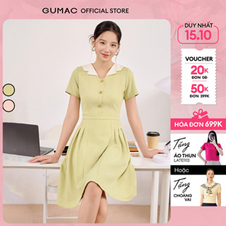 Đầm nữ form A xếp ly cổ danton nẹp đính nút vải chéo lạnh mịn mát thời trang GUMAC DF08005