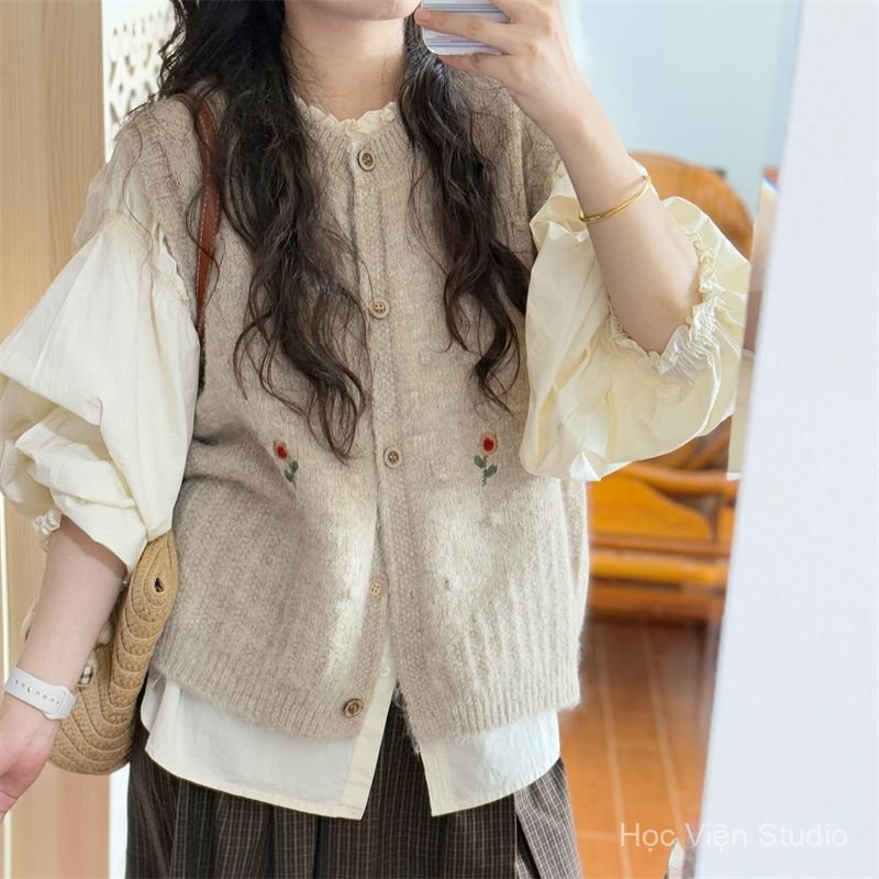 Set Đồ Phong Cách Hàn Quốc Áo Len Hoa Gile Phong Cách Retro Kết Hợp Áo Sơ Mi Tay Phồng